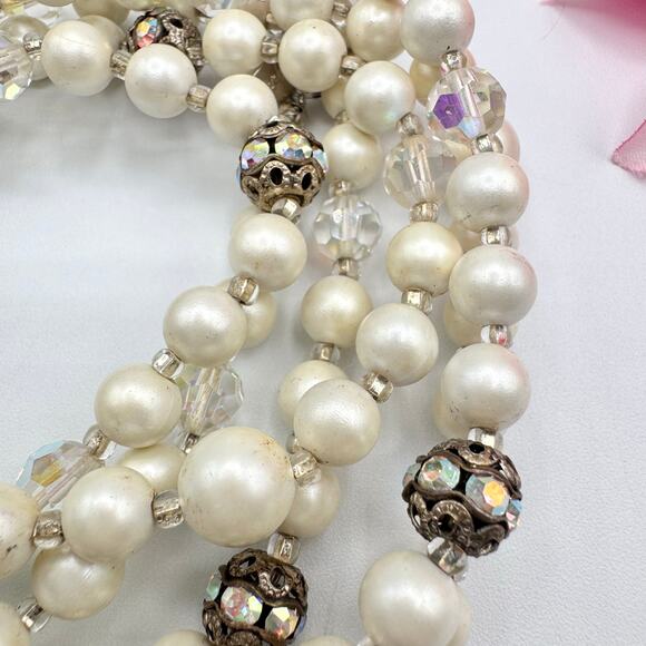 Vintage Judy Lee Long Faux Pearl AB Filigree Bead Single Strand Necklace Flapper - Picture 10 of 16